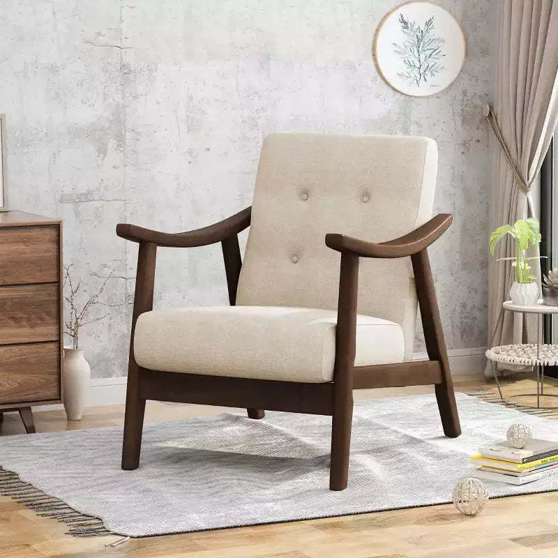 MAYEERTY Mid Century Modern Tufted Armchair, Beige Upholstery Brown Frame, Living Room Dining Room