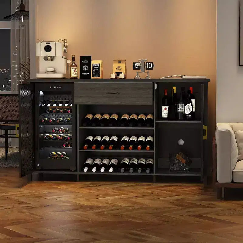 71 Inch Industrial Style Beverage Cabinet, Rustic Black Finish with Wine Racks and Storage Drawer, Multi-Purpose Sideboard for Kitchen DiningBlack