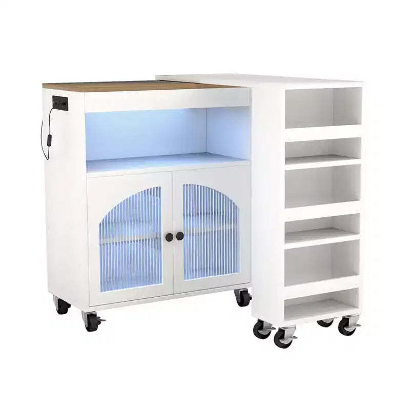 AEELLEEA Kitchen Island On Wheels with Extended Table MDF Rolling Kitchen Storage Cart 2 Fluted Glass Doors Side 3 Open Shelves White
