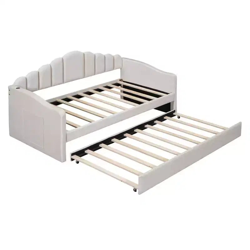 Twin Size Upholstered Daybed With Trundle, Velvet Day Bed With USB Charging Ports, No Box Spring Needed