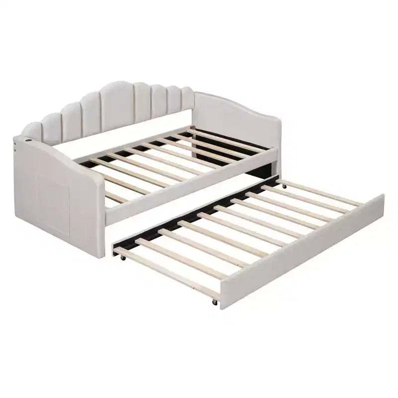 Twin Size Upholstered Daybed With Trundle, Velvet Day Bed With USB Charging Ports, No Box Spring Needed