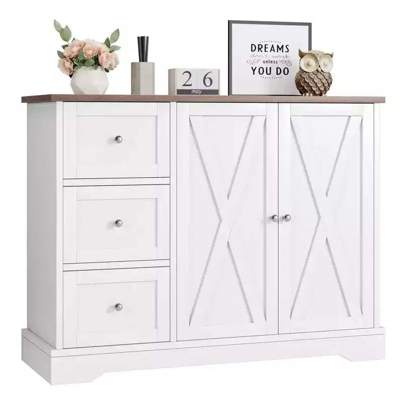 Buffet Cabinet with Storage, 42 Inch White Sideboard Coffee Bar with 3 Drawers, Space-Saving Legless Design for Small Spaces, White