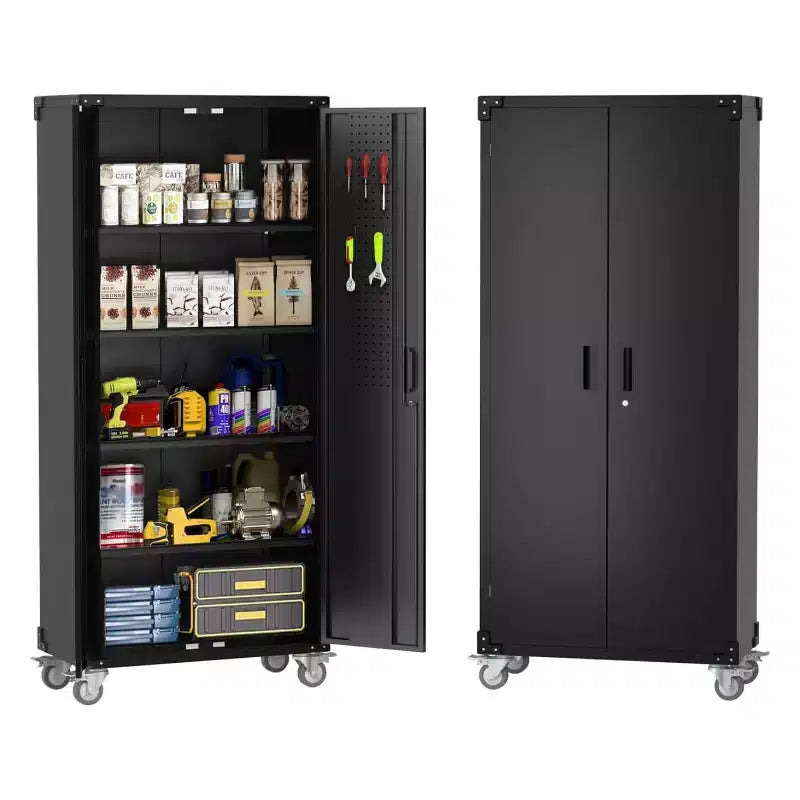 Garvee 72 inch Metal Garage Cabinet with Pegboard, Tall Storage Cabinets W/Doors & Adjustable Shelves, Black