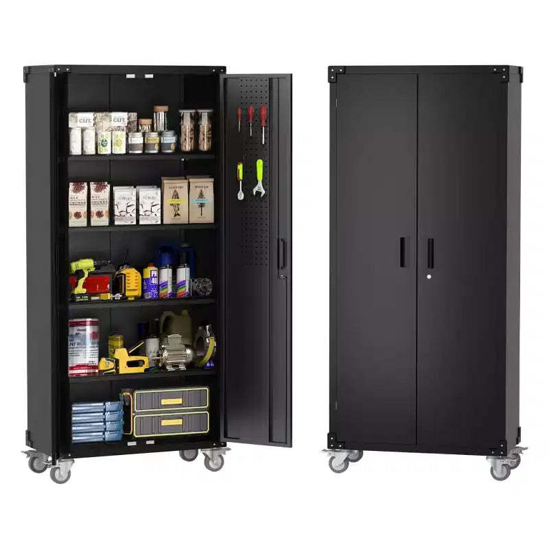 Garvee 72 inch Metal Garage Cabinet with Pegboard, Tall Storage Cabinets W/Doors & Adjustable Shelves, Black