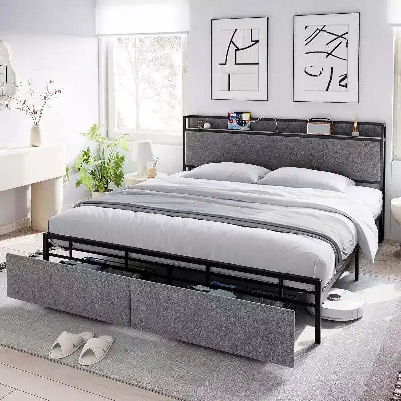King Size Bed Frame with 2 Storage Drawers and USB Ports, Modern Platform Bed with Upholstered Shelf Headboard, Sturdy, Noise Free, Gray