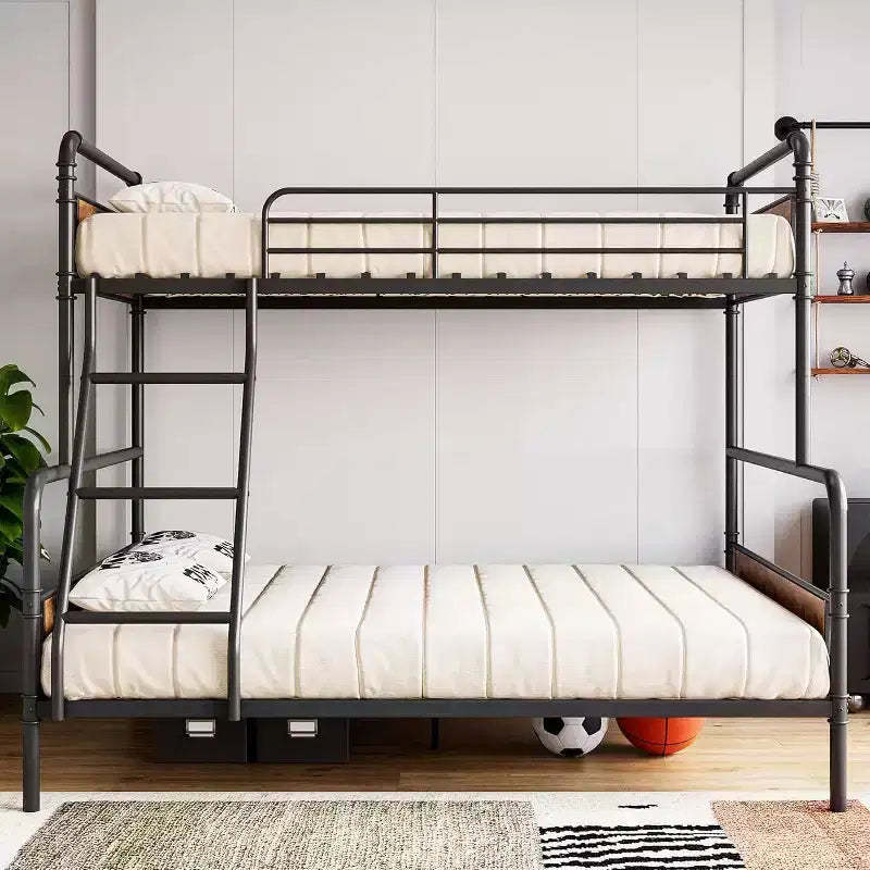 Double bunk bed frame, heavy-duty frame, with angled ladder and safety railings, space-saving design, single upper bunk and double lower bunk.