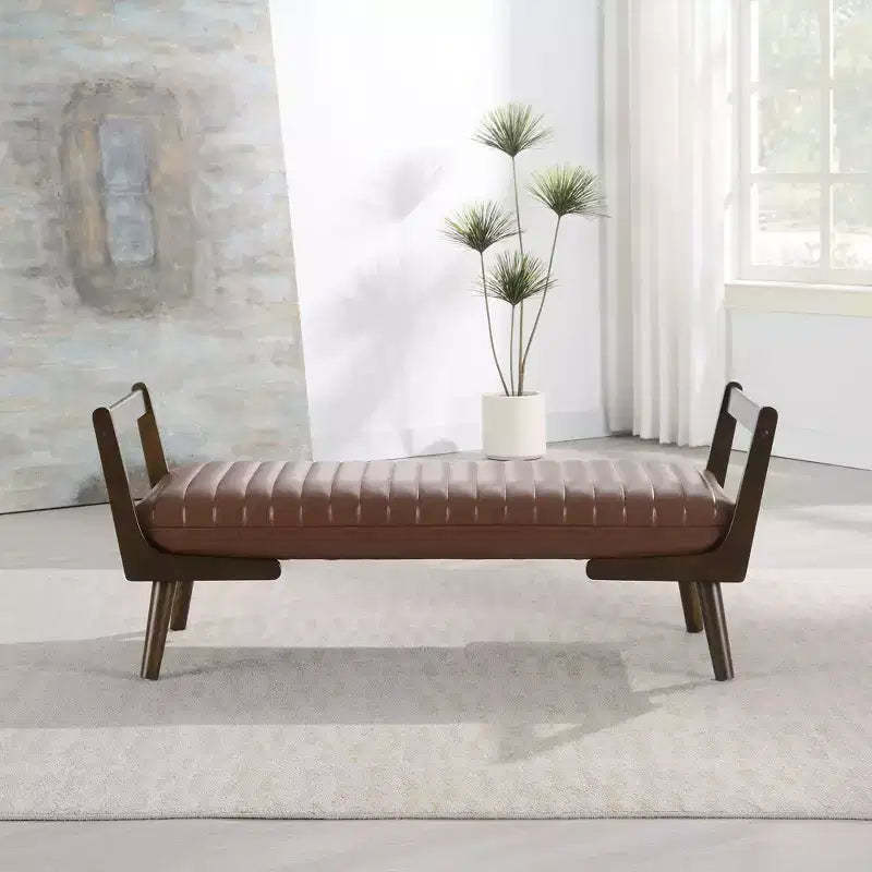 TUYOHW 52 Modern Bench,Channel Tufted Upholstered Storage Bench with Walnut Wood Legs,Faux Leather Footrest Stool for Living Room,Bedroom,Entryway