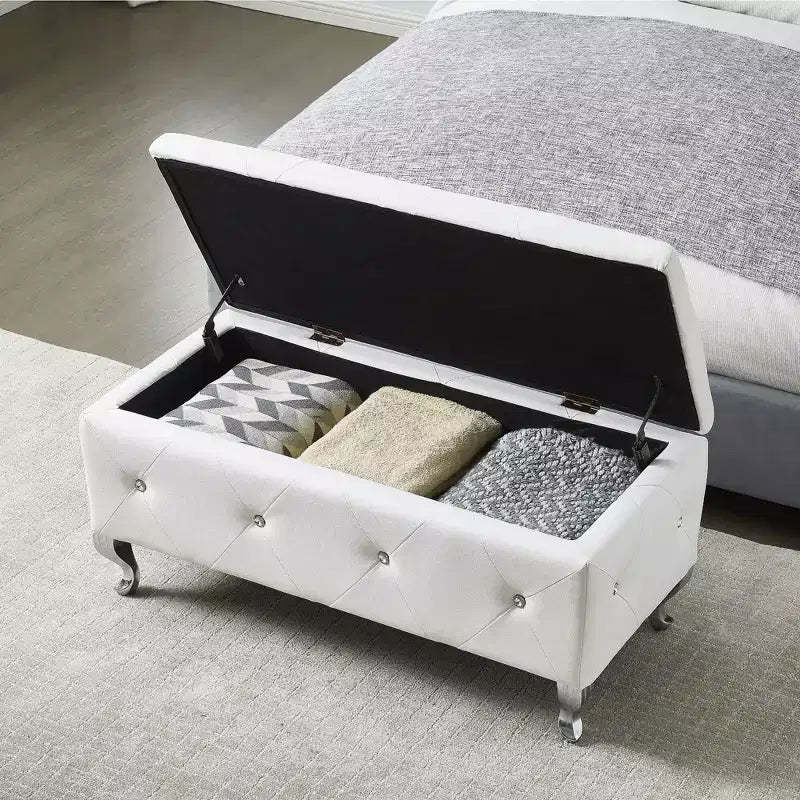TUYOHW White Faux Leather Storage Ottoman Bench,Ottoman with Crystal Buttons,Metal Legs,Upholstered Rectangular Footrest Bench for Bedroom,Living Room
