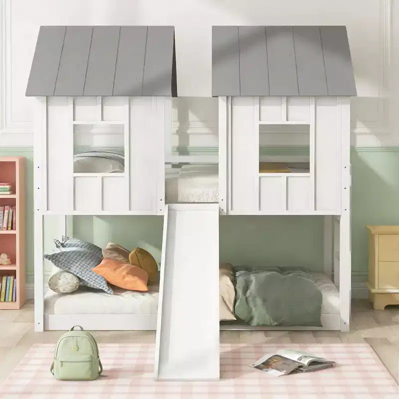 Luxystar Twin over Twin House Bunk Bed with Slide and Windows for Kids' Room, White+Gray