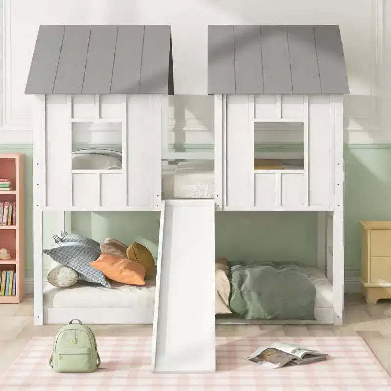 Luxystar Twin over Twin House Bunk Bed with Slide and Windows for Kids' Room, White+Gray