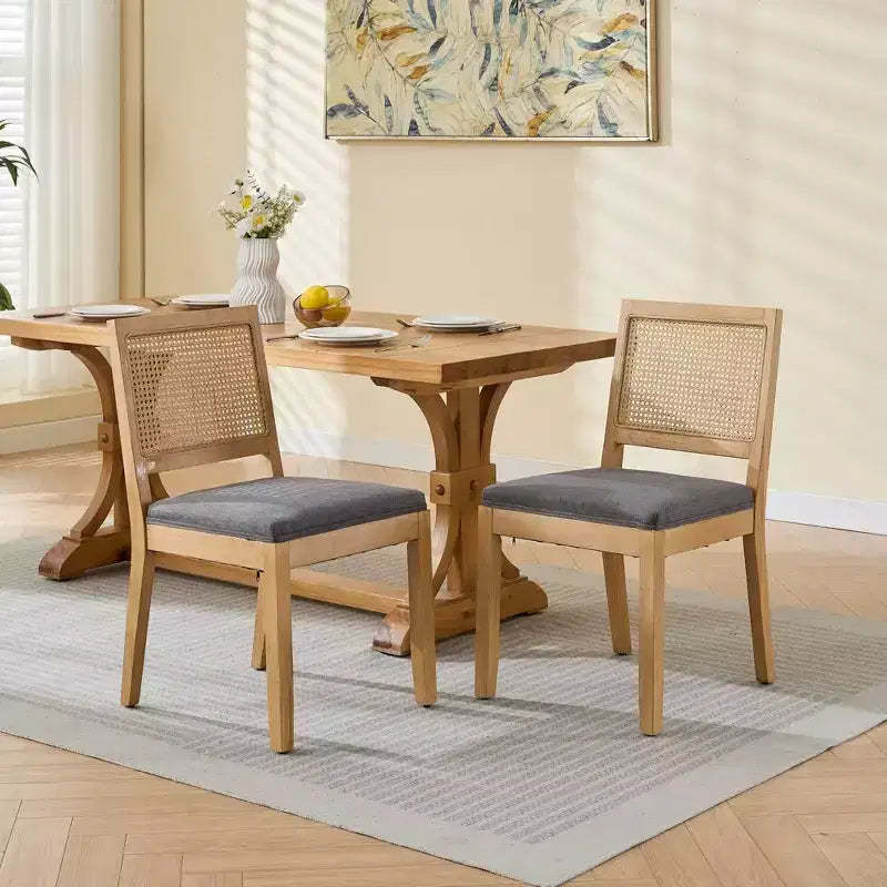 TUYOHW Farmhouse Rattan Dining Chairs Set of 2,Boho Style Side Chairs Soft Linen Upholstered,Solid Rubberwood Kitchen Chairs,Home Decor