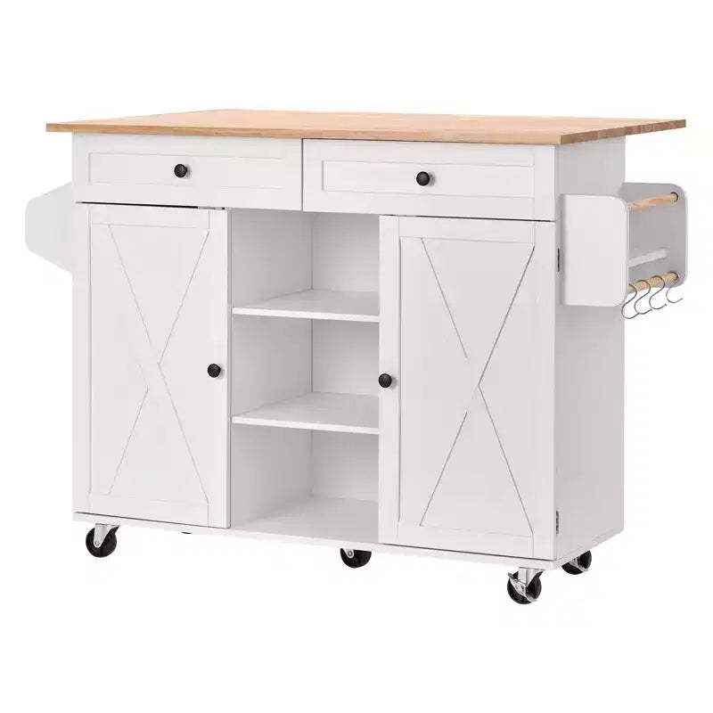 VEVOR Kitchen Island Cart, with Solid Wood Top and Storage Cabinet, Mobile Rolling Table with Drop Leaf, Drawers, 52in Width, White