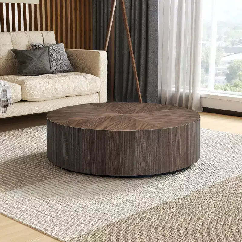 MAYEERTY 35 Inch Modern Round Coffee Table, Wood Veneer MDF Center Table for Living Room Small Space, No Assembly Required, Walnut