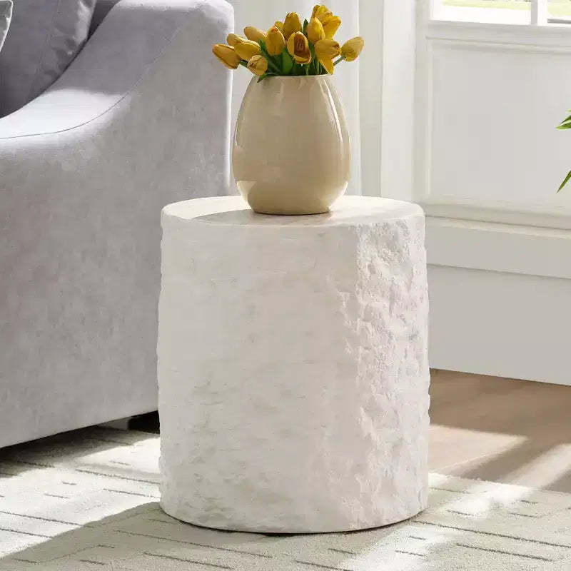MAYEERTY 15.8 Inch Modern Imitation Stone Round Coffee Table, Fiberglass End Table for Living Room Bedroom, No Assembly Required
