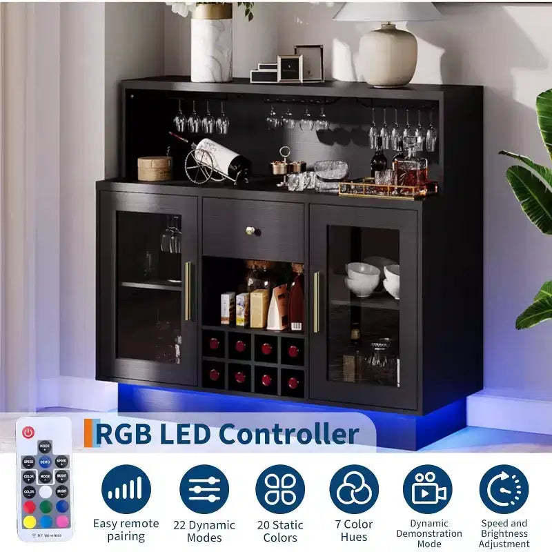 Modern Bar & Coffee Station with LED Lights, Lockable Glass Door & Spacious Countertop for Kitchen Living Game Room, Holds 8 Bottles & 15 Glasses