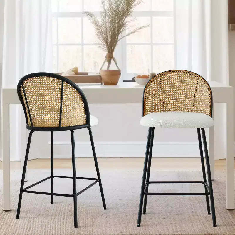 Set of 2 Modern Rattan Back Counter Stools, Armless Boucl Fabric Seats with Metal Base, Kitchen Island Stools, Breakfast Bar Chairs-Panipeachy