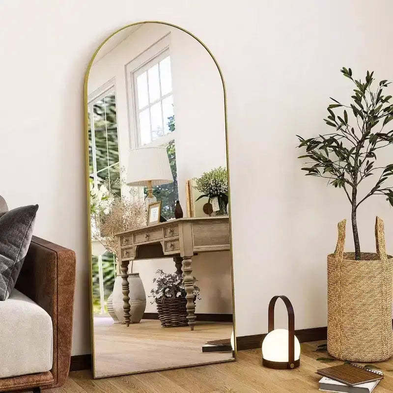 56 Inchx 21 Inch Full Length Mirror Arch Floor with Aluminum Alloy Frame Gold Standing Wall Mounted Leaning Large Bedroom