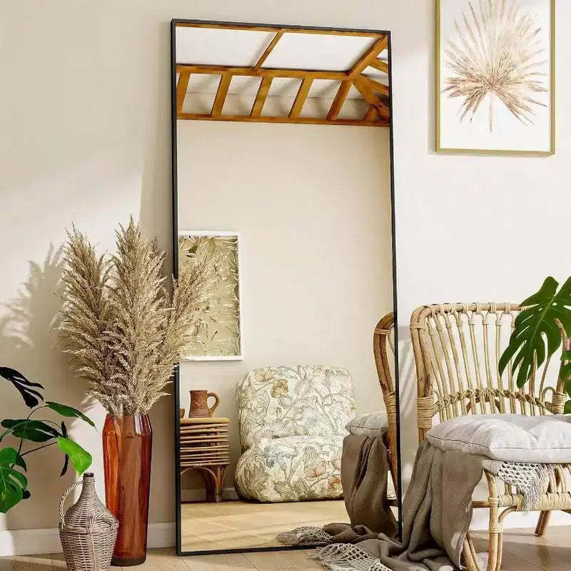Mirror Full Length 21 inchx 57 inch Floor Mirror with Stand Aluminum Alloy Frame Black Standing Hanging or Leaning Against Wall