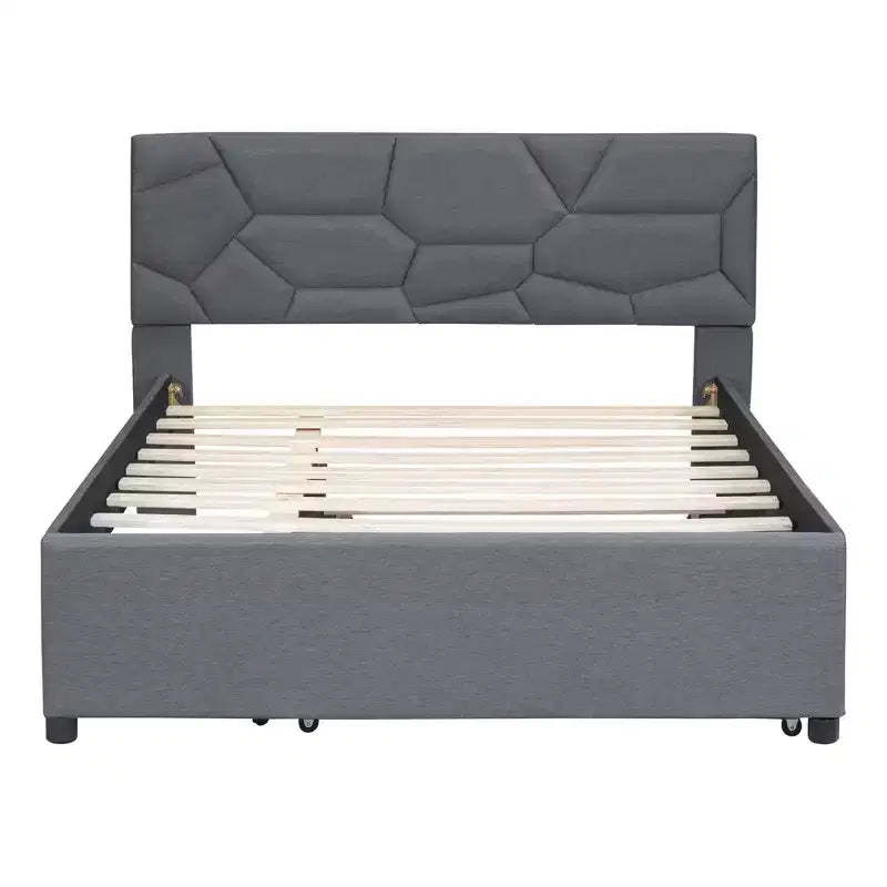 MAYEERTY Full Size Upholstered Platform Bed, Brick Pattern Headboard Twin Trundle Linen Fabric, Bedroom, Gray