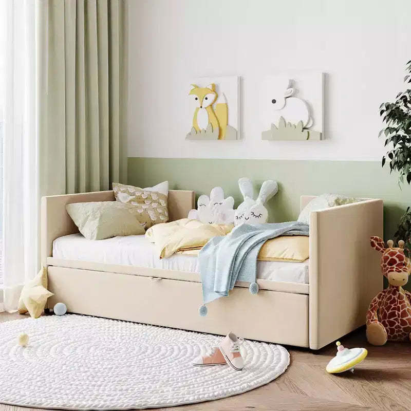 MAYEERTY Twin Size Upholstered Daybed, Pop Up Trundle, Bedroom, Beige