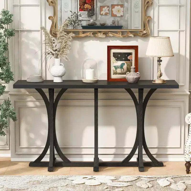 JVNOXK59.8'' Wooden Console Table with Oak Veneer Top,Farmhouse Entryway Table with Rubber Wood Slender Curved Legs,Black