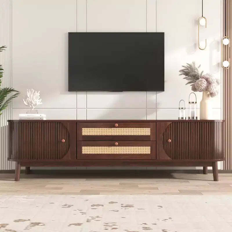 MAYEERTY Rattan TV Stand for TVs up to 75, Modern Farmhouse Media Console, Entertainment Center with Solid Wood Legs for Living Room Beige