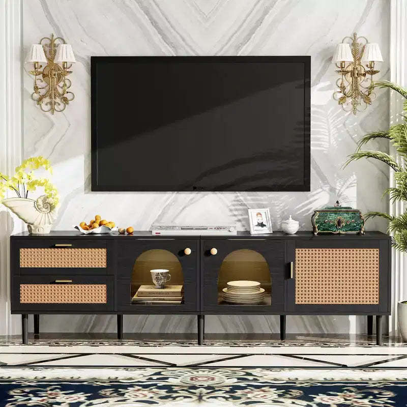 MAYEERTY Rattan TV Stand with 3 Cabinets & 2 Drawers, Rattan-inspired Media Console Table for TVs up to 80, TV Cabinet for Living Room Black