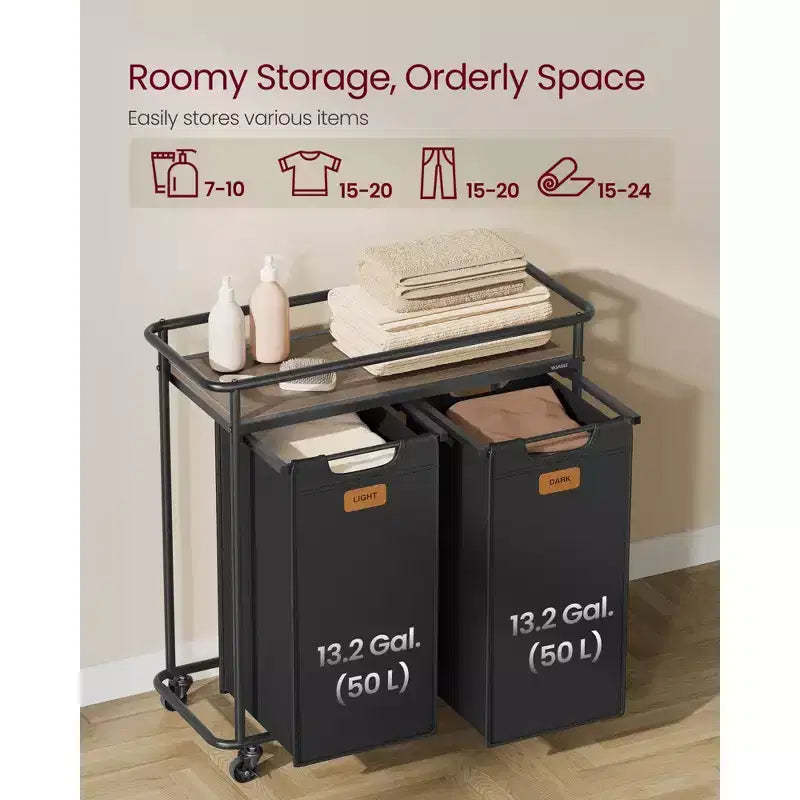 Laundry Sorter with Wheels, 26.4 Gal Rolling Cart with 2 Removable Liners & 6 Labels, Top Shelf for Detergent, Portable Hamper, Ink Black