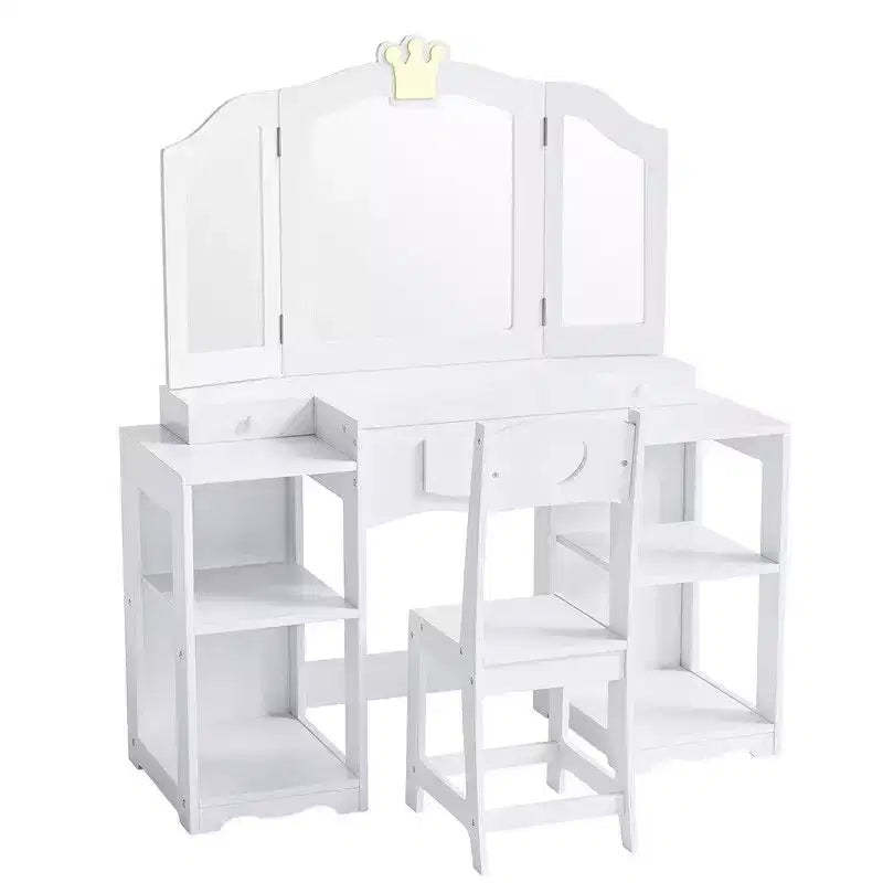 Karl Home Kids Vanity Table and Chair Set, 2 in 1 Girls Vanity Storage Cabinet w/Tri-Folding Mirror