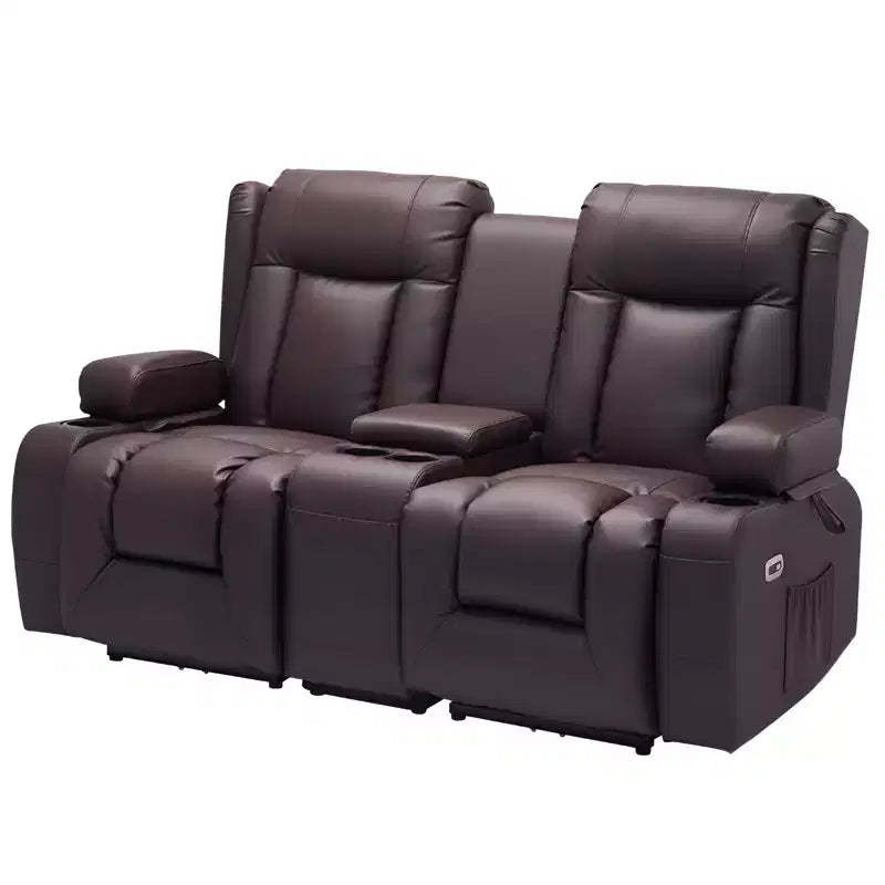 VEVOR Loveseat Recliner Sofa, Power Reclining Couch with Heating & Massage and Timer, PU Leather Electric Recliner Sofa with Center Console, Brown