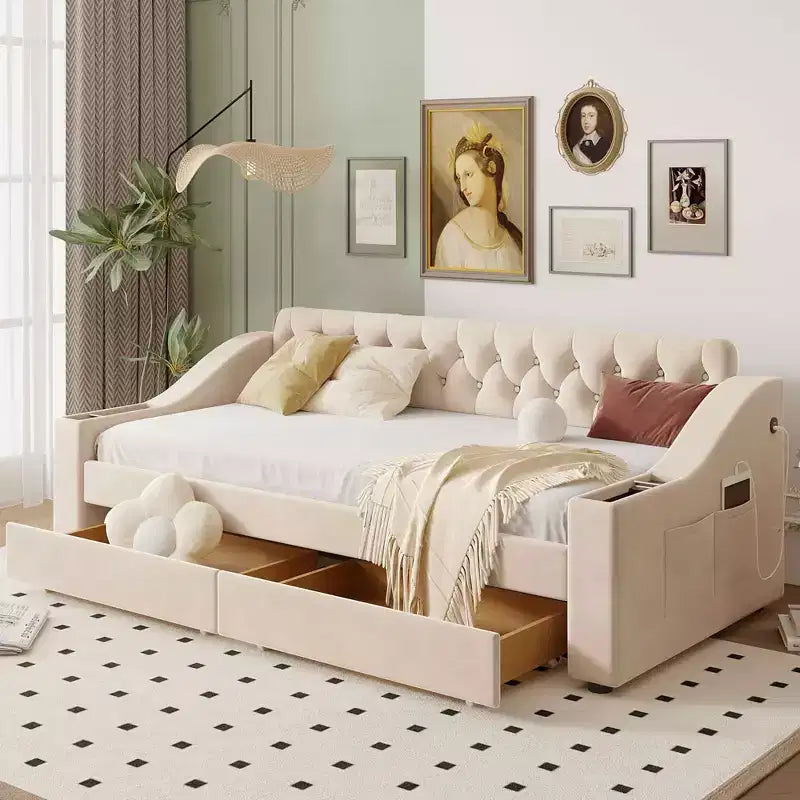 MAYEERTY Button-Tufted Velvet Daybed with 2 Storage Drawers, Dual USB Ports & 400lbs Sturdy Wooden Slat Frame, No Box Spring Needed & Easy Assembly