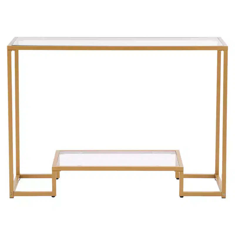 VEVOR 2-Tier Glass Console Table, Modern Rectangle Sofa Side Table with Tempered Glass Top and Iron Legs, Golden Consloe Desk, Golden