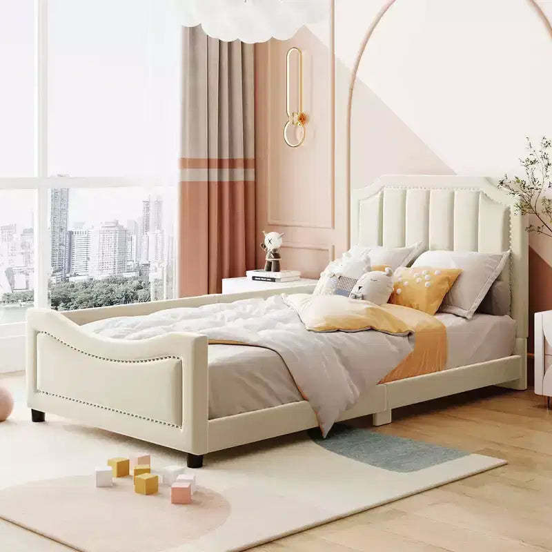 MAYEERTY Twin Size Upholstered Daybed, Rabbit Ear Headboard, Kids Bedroom, Pink