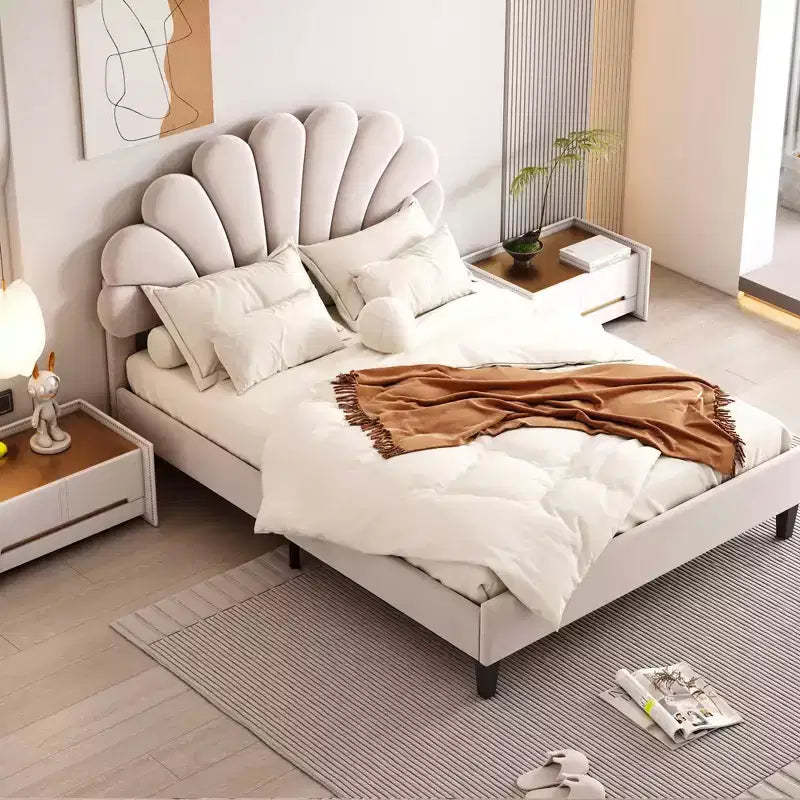 MAYEERTY Queen Size Upholstered Platform Bed, Flower Pattern Velvet Headboard, Bedroom, Beige