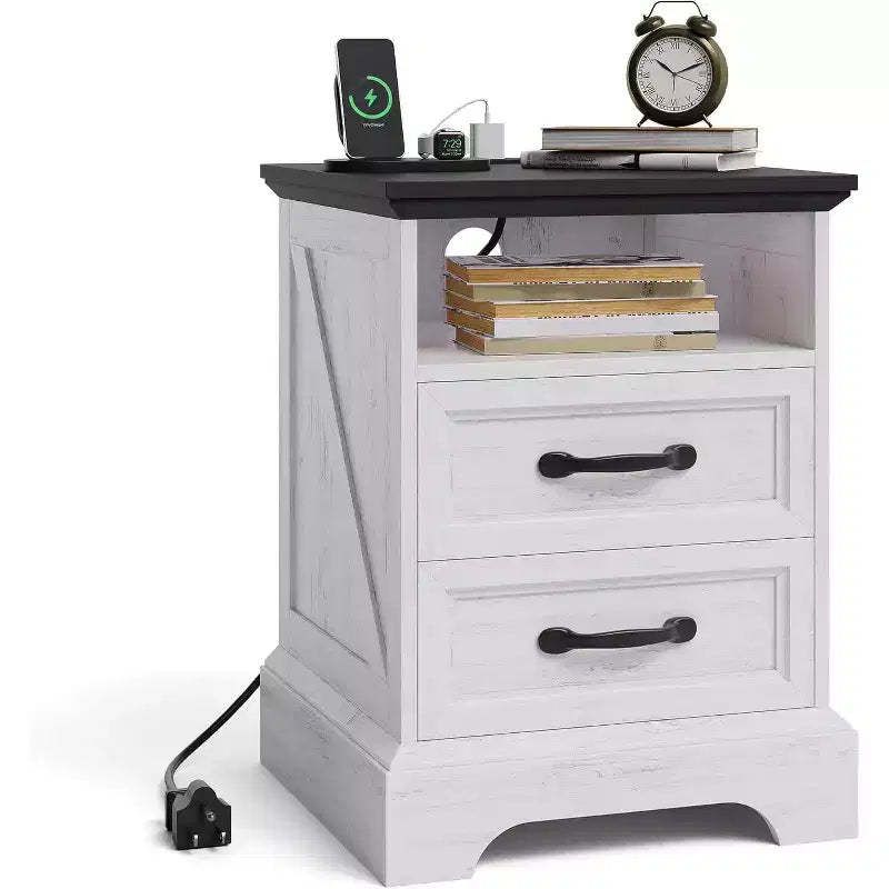 Acekool Farmhouse Rustic Nightstand with Charging Station, Modern Wood Bedside Table with 2 Drawers & Open Shelf, White Accent End Table