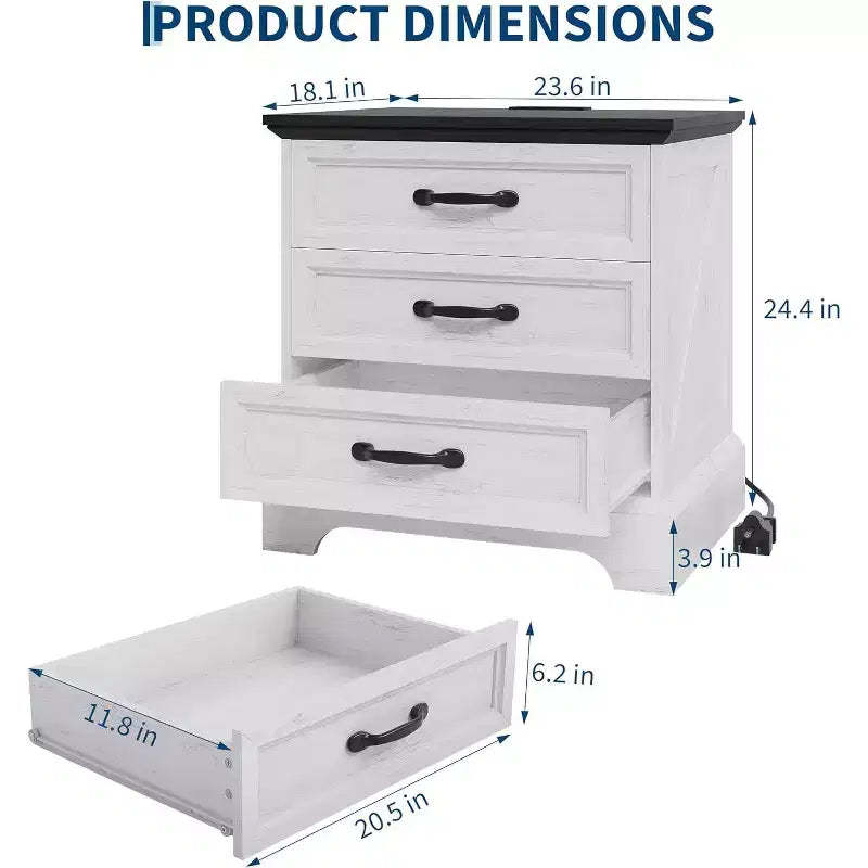 24-inch Wide Country-style Bedside Table and Side Table with a Charging Station and 3 Large Drawers, Small Space, White Side Table, One Pack