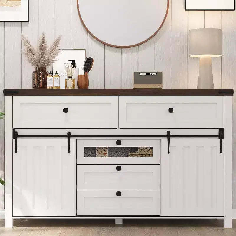 Acekool Farmhouse Buffet Cabinet, Kitchen Sideboard with Sliding Barn Doors and 5 Drawers, Coffee Bar Storage for Dining Room and Living Room