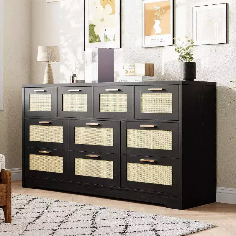 Acekool Rattan 10 Drawer Dresser, 59 Wide Modern Farmhouse Chest, Storage Organizer with Anti-Tip for Bedroom, Living Room, Entryway, Hallway