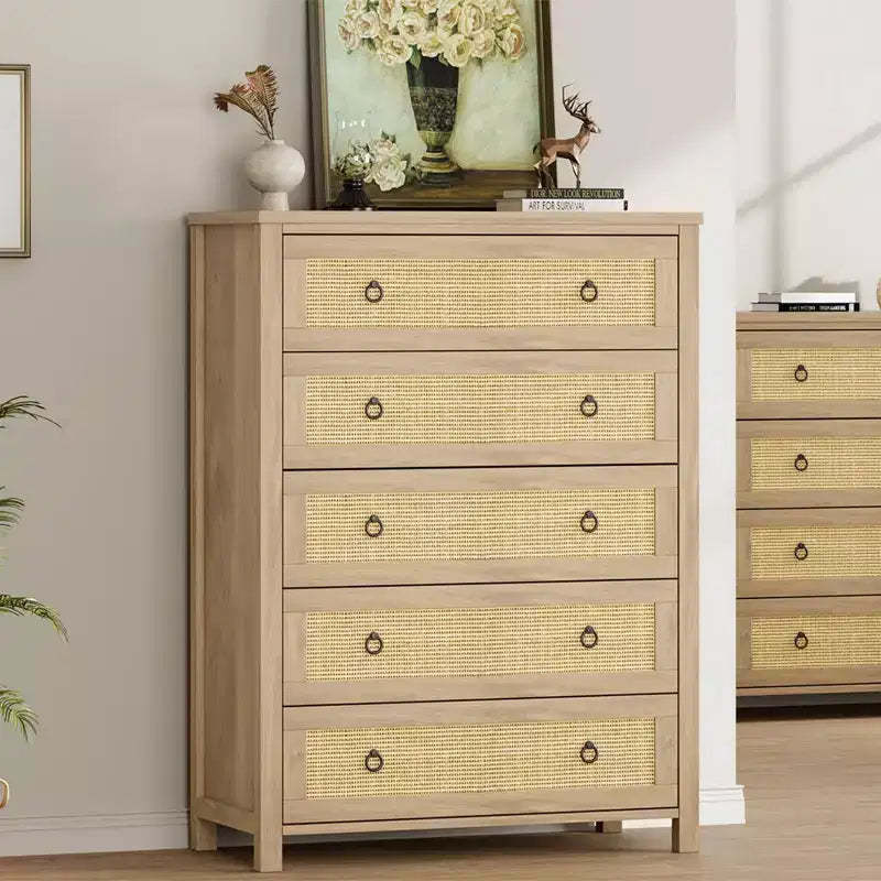 Rattan Dresser for Bedroom with 5 Drawers, 45 Tall Chest of Large Drawers with Large Clothes Storage Cabinet, Wood Bedroom Dresser, TV Stand