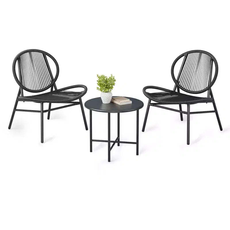 3 Piece Patio Bistro Set with 2 Chairs and Small Table, Acapulco Modern Rattan Furniture Set for Patio, Garden, Balcony, Black
