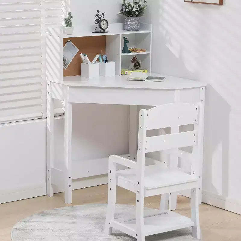 All-in-One Kids Study Desk & Chair Set with Adjustable Chair, Hutch, Cork Board & Organizers. A Compact Learning Corner for Homeschool or Bedroom.