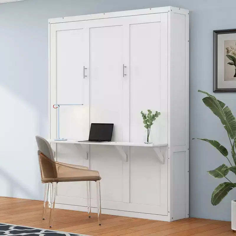 Whisen Full Size Murphy Bed Frame & 61.5 Cabinet Bed Folding Wall Bed with Desk Combo