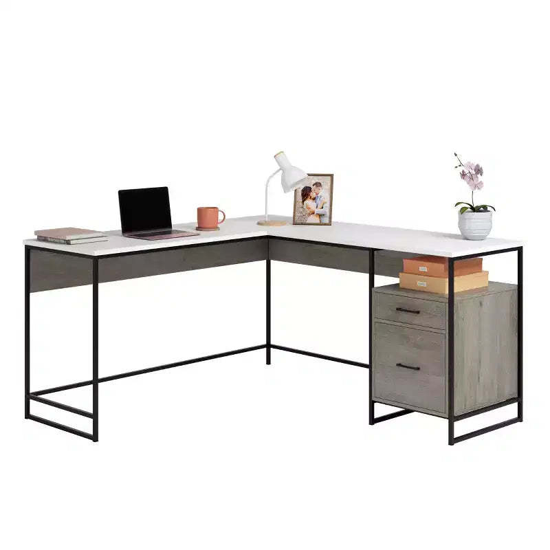 GDFStudio Rowan 59 Wood and Metal L-Shaped Office Desk with File Storage Drawer