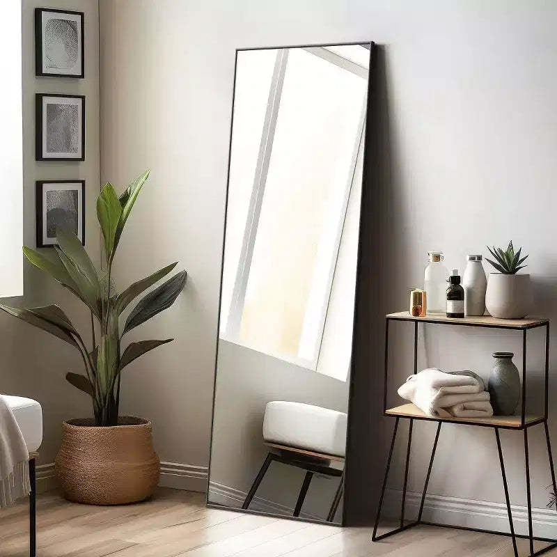 MAYEERTY Black 19.69 x 59.06 Inch Rectangular Thin Edged Aluminum Alloy Full Length Mirror with Stand for Living Room and Bedroom Wall Decor