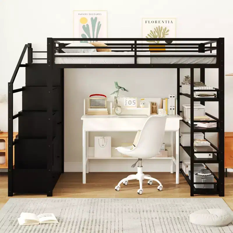 Full Size Metal Loft Bed Frame with Storage Shelves, Cabinets and Wardrobe, Black - ModernLuxe