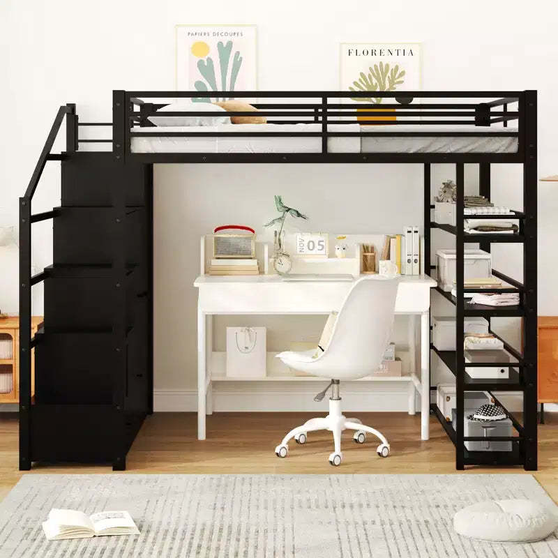 GDF Studio Martinez Metal Loft Bed with Storage Shelves, Cabinets and Wardrobe