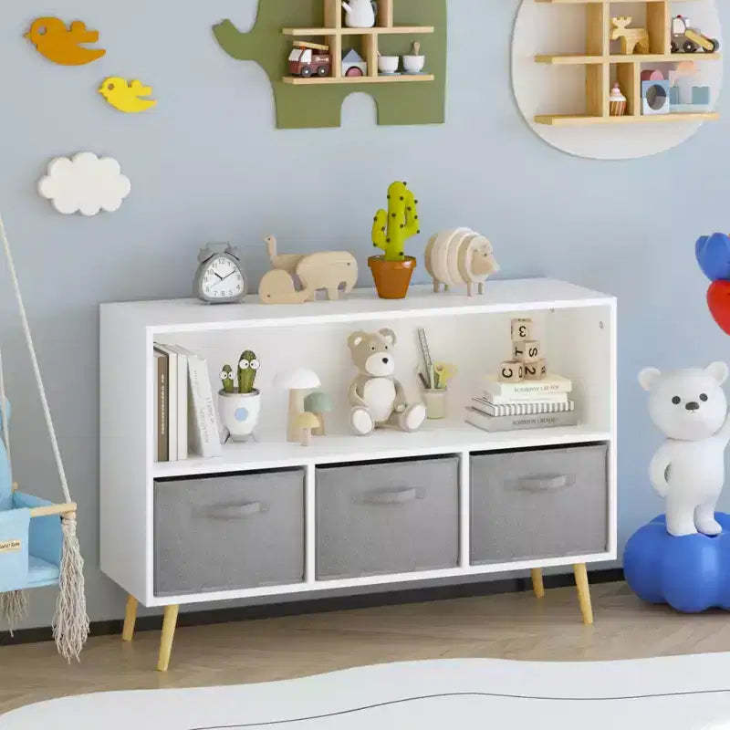 Kids bookcase with Collapsible Fabric Drawers, Children's Book Display, Toy Storage Cabinet Organizer, White/Gray