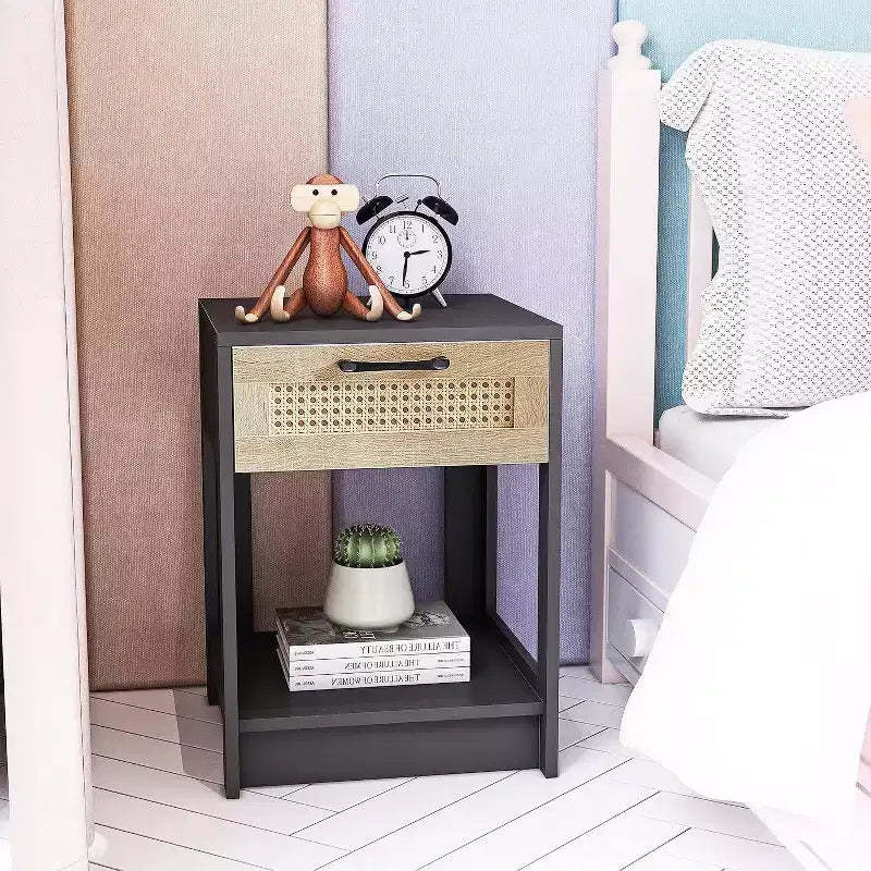 Rattan Nightstand Black Finish 1 Drawer Storage Living Room Bedroom Side Table