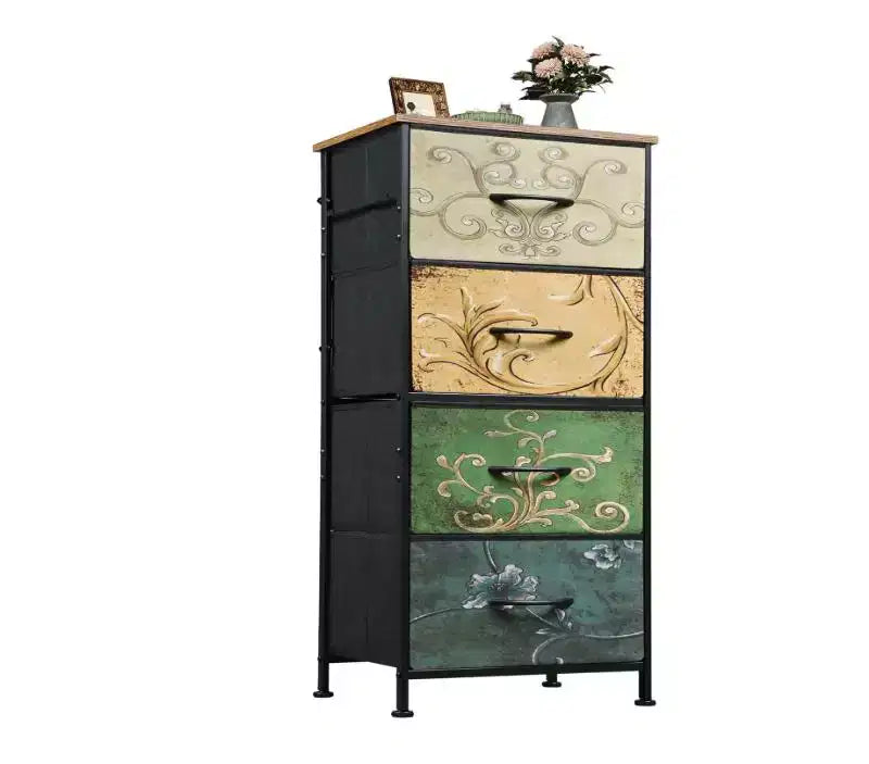 TUYOHW Vintage Floral Fabric Drawer Dresser,Chest of Drawers with Steel Frame & Wood Top,Wide Fabric Storage Tower for Closet,Bedroom,Living Room