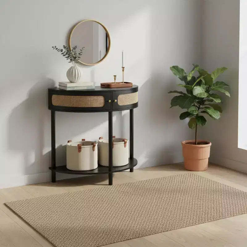FurnitureR Half-Moon Entryway Table with Rattan Front, MDF Top & Solid Wood Legs, 31.5 Console Table with Storage Drawer for Hallway Living Room